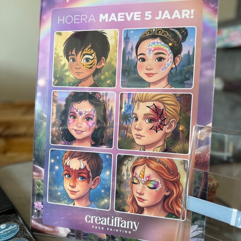 Keuzemenu met schmink ontwerpen van schminkster Tiffany Gepersonaliseerd bord met schmink ontwerpen ter gelegenheid van een kinderfeestje van creatiffany uit Haarlem